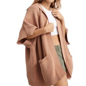 Aerie Ribbed Brown Knit Open Front Cardigan Brown Hooded Casual Poncho XS